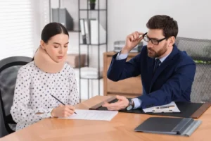 Johns Creek rideshare accident lawyer meeting with injured client wearing neck brace to discuss Uber and Lyft accident case — 1Georgia Personal Injury Lawyers