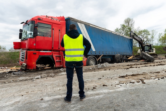 A safety official is inspecting the damaged red semi-truck accident scene, representing a Georgia truck accident investigation and liability assessment.