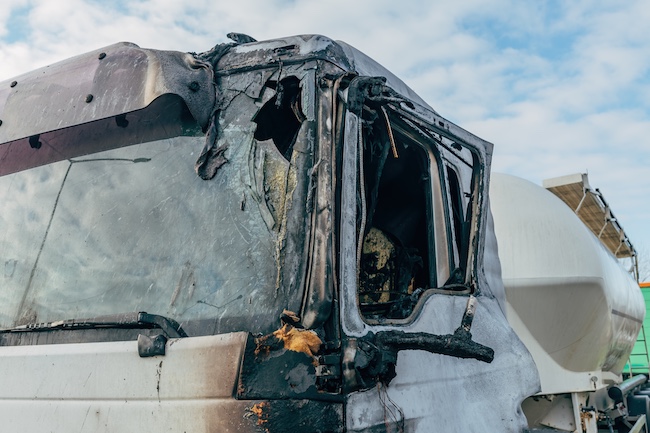 A severely damaged commercial truck cab from a collision, demonstrating the devastating impact of truck accidents and property damage.