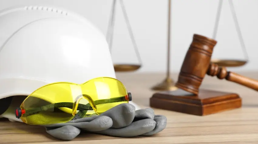 Construction safety equipment and legal gavel are representing workers' compensation claims for workplace injuries in Georgia at 1Georgia Personal Injury Lawyers.