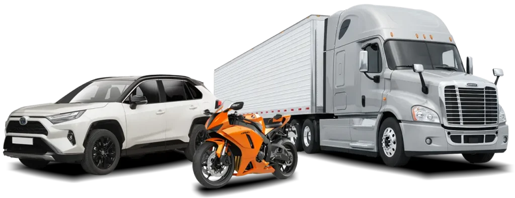 white car, orange motorcycle, and large truck