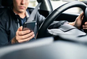 Johns Creek rideshare accident lawyer explains risks of distracted driving as rideshare driver looks at phone behind the wheel – 1Georgia Personal Injury Lawyers