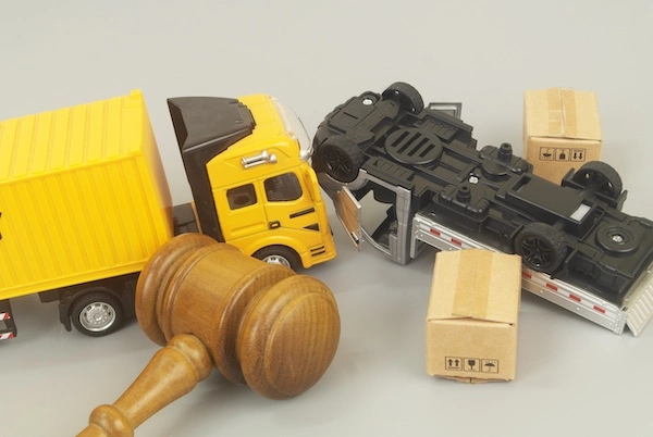 A gavel and two trucks represent a Lawrenceville truck accident lawyer from 1Georgia Personal Injury Lawyers.